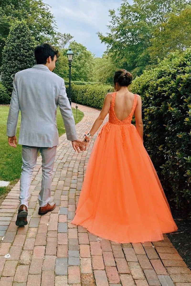 A-Line V Neck Romantic Orange Tulle Long Prom Dresses with Appliques